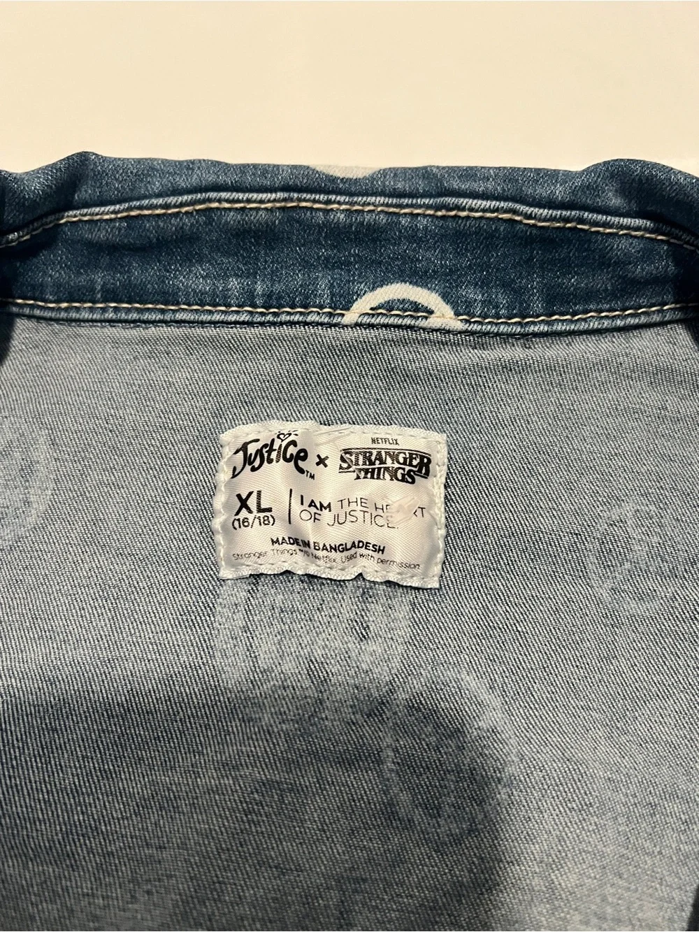 Justice Blue Denim Jacket with White Peace & Smiley Prints X-SIZE LARGE 14-16